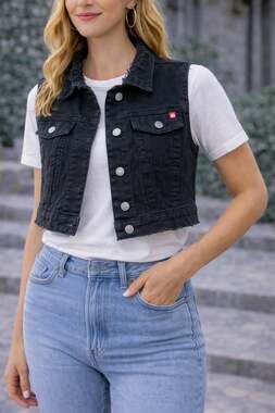 Hollywood Star Fashion Women's Sleeveless Button Up Jean Denim Vest in Black